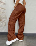 Pocket Design Button Front Cargo Pants Casual High Waisted Cuffed Pants