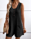 Scoop Neck Sleeveless Button Front Romper Casual Pocket Design Loose Fit Knit Jumpsuit