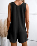Scoop Neck Sleeveless Button Front Romper Casual Pocket Design Loose Fit Knit Jumpsuit