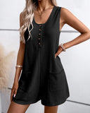 Scoop Neck Sleeveless Button Front Romper Casual Pocket Design Loose Fit Knit Jumpsuit