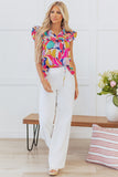 Pink Abstract Printed Ruffled Flutter Sleeve Tied Split V Neck Blouse