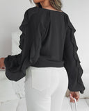 V Neck Shoulder Asymmetrical Ruffles Blouse Casual Button Front Long Sleeve Top