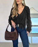V Neck Shoulder Asymmetrical Ruffles Blouse Casual Button Front Long Sleeve Top
