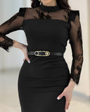 High Neck Long Sleeve Lace Pattern Mesh Patchwork Chic Zipper Mid Calf Dress