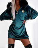 Velvet Fuzzy Trim Hooded Ruched Long Sleeve Zip Up Mini Dress