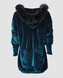 Velvet Fuzzy Trim Hooded Ruched Long Sleeve Zip Up Mini Dress