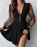 Glitter Plunge Long Sleeve Sheer Mesh Patch Dress Ruched A Line Button Front Casual Dress