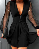 Glitter Plunge Long Sleeve Sheer Mesh Patch Dress Ruched A Line Button Front Casual Dress