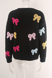 Black Valentine Bow Print Crew Neck Drop Shoulder Sweater