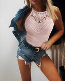 Textured Contrast Lace Halter Sleeveless Tank Casual Slim Fit Tank