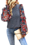 Blue Pale Chestnut Ruffle Tiered Floral Sleeve Crew Neck Blouse