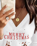 Merry Christmas Cartoon Reindeer Print V Neck Contrast Lace Top