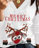 Merry Christmas Cartoon Reindeer Print V Neck Contrast Lace Top