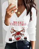 Merry Christmas Cartoon Reindeer Print V Neck Contrast Lace Top