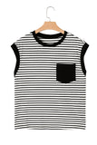 Black Stripe Chest Pocket Patch Round Neck Tank Top