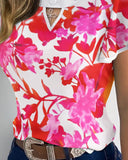 Floral Print Short Sleeve Blouse Ruffles Casual Top