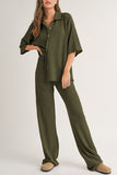 Four Leaf Clover Solid Color Textured Buttoned Shirt and Casual Pants Set