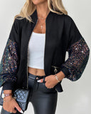 Zipper Design Contrast Sequin Casual Jacket