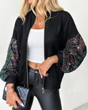 Zipper Design Contrast Sequin Casual Jacket