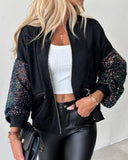 Zipper Design Contrast Sequin Casual Jacket