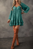 Mist Green Tiered Ruffled Puff Sleeve Loose Fit Mini Dress