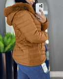 Zipper Pocket Design Shirred Fuzzy Trim Lined Hooded Puffer Jacket