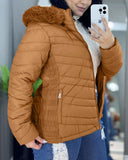 Zipper Pocket Design Shirred Fuzzy Trim Lined Hooded Puffer Jacket