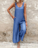 Buttoned Wide Leg Suspender Jumpsuit