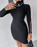 Mock Neck Beaded Knit Bodycon Dress