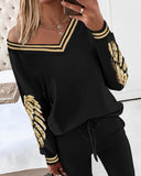 2PCS Striped Sequin Wings Pattern Skew Neck Top & Cuffed Pants Set