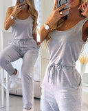 U Neck Sleeveless Drawstring Jumpsuit Casual Strechy Waist Romper