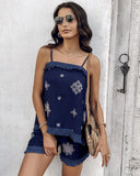 2 Piece Geometric Embroidery Spaghetti Strap Tassel Design Square Neck Top Casual Shorts Set