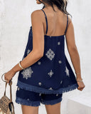 2 Piece Geometric Embroidery Spaghetti Strap Tassel Design Square Neck Top Casual Shorts Set