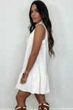 White Textured Frilled High Neck Sleeveless Ruffled Mini Dress