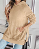 Fuzzy Kangaroo Pocket Design Side Slit Hooded Sweatshirt