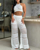 2 Pieces Halter Sleeveless Crop Top and Casual Hollow out Loose Fit Pants Set