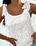 Square Neck Thick Strap Casual Embroidered Lace Tied Detail Tank