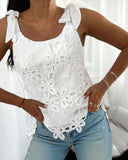 Square Neck Thick Strap Casual Embroidered Lace Tied Detail Tank