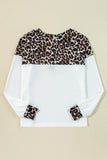 White Leopard Waffle Knit Patchwork Button V Neck Top