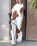 2 Pieces Outfit Floral Print Skew Neck Batwing Sleeve Top and Casual Loose Fit Straight Leg Pants Set