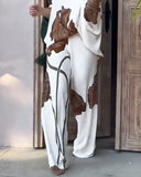2 Pieces Outfit Floral Print Skew Neck Batwing Sleeve Top and Casual Loose Fit Straight Leg Pants Set