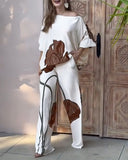 2 Pieces Outfit Floral Print Skew Neck Batwing Sleeve Top and Casual Loose Fit Straight Leg Pants Set