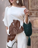 2 Pieces Outfit Floral Print Skew Neck Batwing Sleeve Top and Casual Loose Fit Straight Leg Pants Set