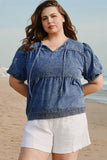 Sail Blue Plus Drawstring V Neck Puff Sleeve Denim Blouse