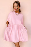 Light Pink Solid Color Pocketed Raw Edge Babydoll Dress