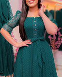 Square Neck Lace Short Sleeve Waist A Line Dress Casual Sheer Mesh Midi Dress