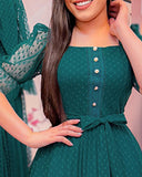 Square Neck Lace Short Sleeve Waist A Line Dress Casual Sheer Mesh Midi Dress