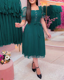 Square Neck Lace Short Sleeve Waist A Line Dress Casual Sheer Mesh Midi Dress