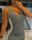 Colorblock Striped Print U Neck Sleeveless Bodycon Dress Casual Slim Fit Midi Dress