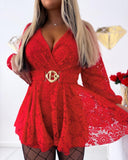 Lace Plunge V Neck Long Sleeve Belted Romper Sexy Strechy Waist A Line Mini Dress